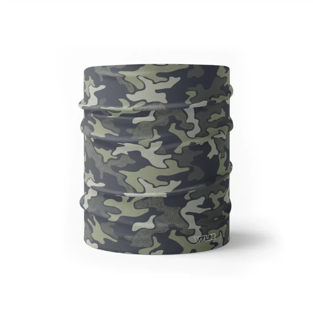 image of a wide sports headband in an updated version of the US Woodland style camo. A topo design has been overlaid on some colors providing an intricate detail to the pattern. The colors used in this design are sage, smoke, coal and dune.