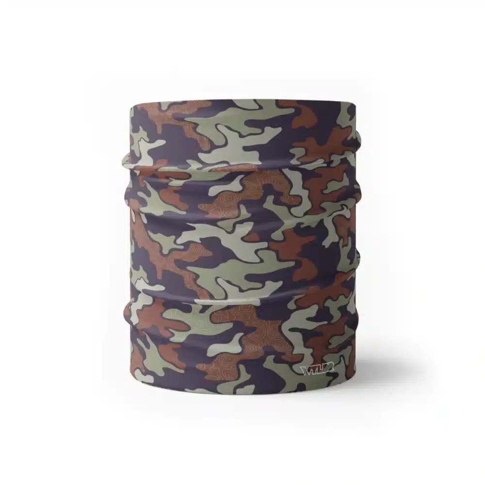 image of a wide sports headband in an updated version of the US Woodland style camo. A topo design has been overlaid on some colors providing an intricate detail to the pattern. The colors used in this design are sage, vine, cedar and stone.