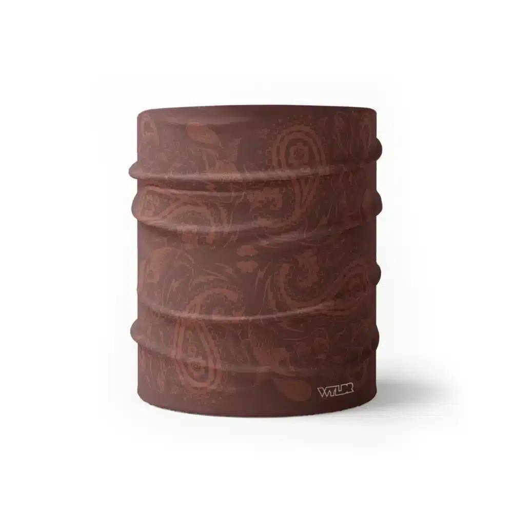 an image of a half gaiter where paisley has been redesigned. traditional paisley elements have been replaced with different fish species. this design is available in a cedar/putty color variant