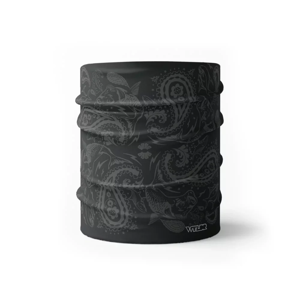 an image of a half gaiter where paisley has been redesigned. traditional paisley elements have been replaced with different fish species. this design is available in a coal/smoke color variant
