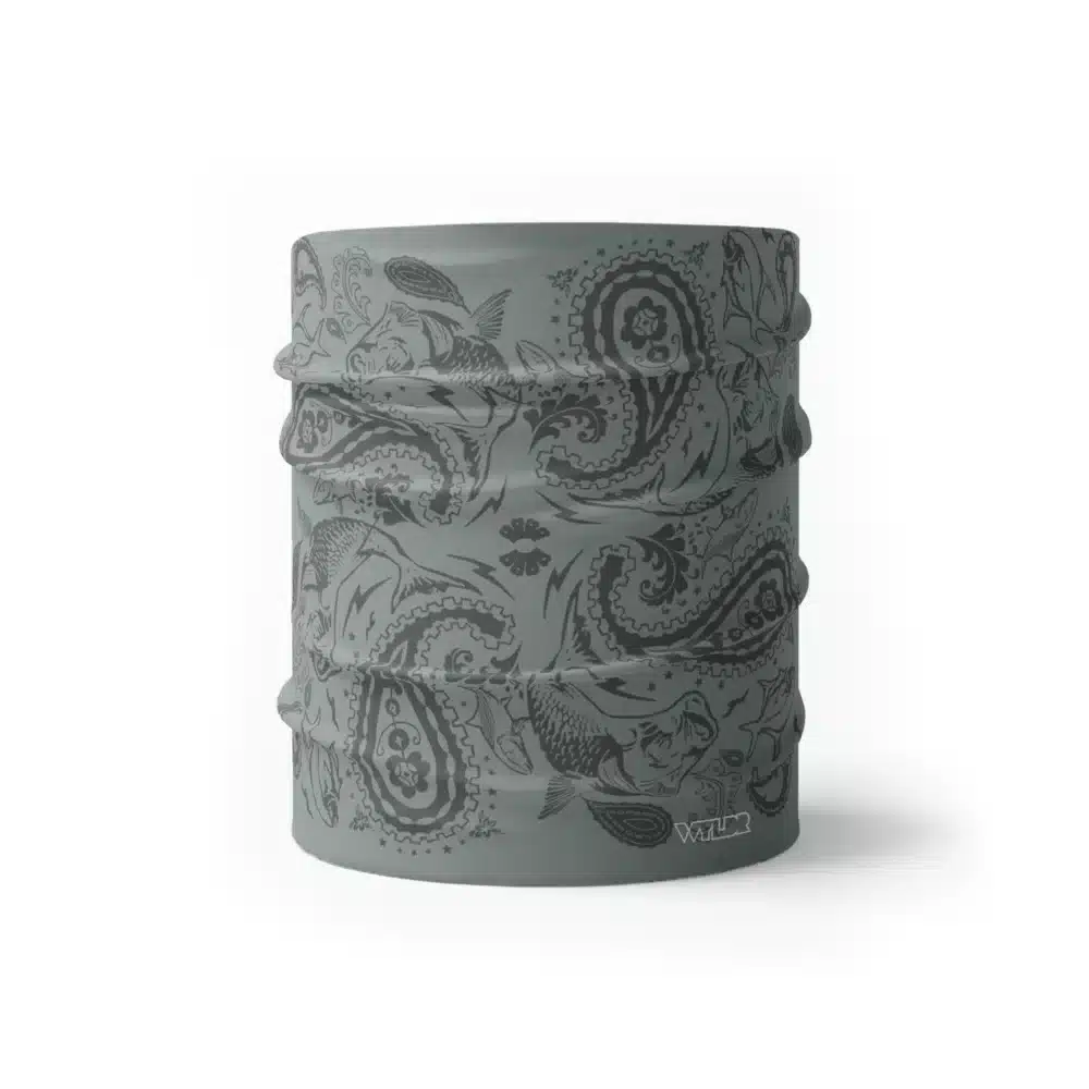 an image of a half gaiter where paisley has been redesigned. traditional paisley elements have been replaced with different fish species. this design is available in a smoke/coal color variant
