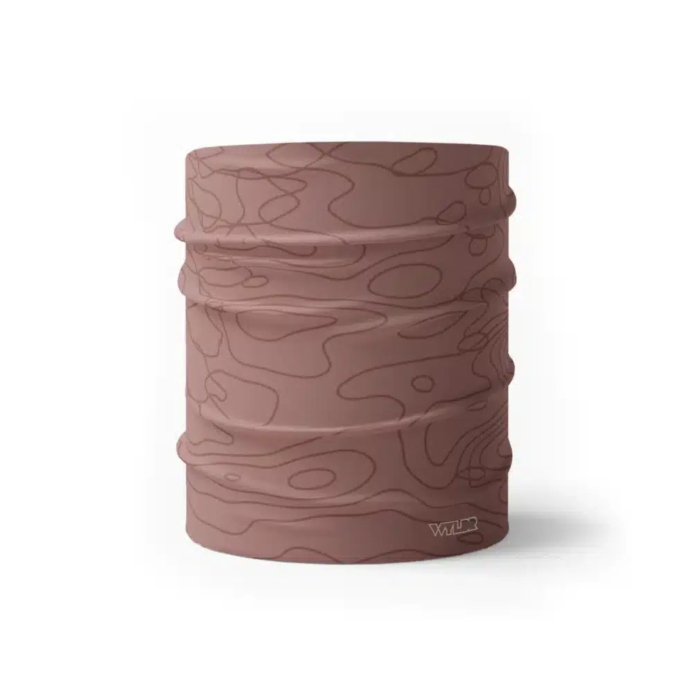 a half size neck gaiter in a simple re-designed topographical map design. Background is a light clay/putty color with rust colored lines