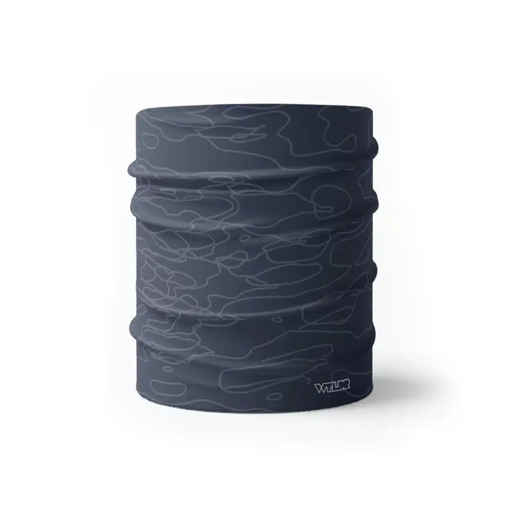 a half size neck gaiter in a simple re-designed topographical map design. Background is a dark blue color with light gray colored lines