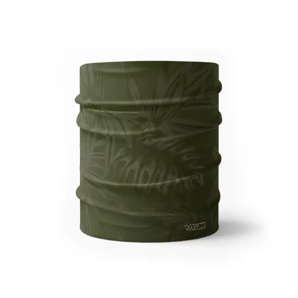 an image of a half size neck gaiter in an abstract pattern. lines are used to create the illusion of tropical flowers and leaves on a solid color background. this is in the celery/smoke color variant