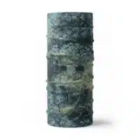 an image of a full sized neck gaiter. an abstract design in light greens and blues created to mimic the colorful designs found on fish
