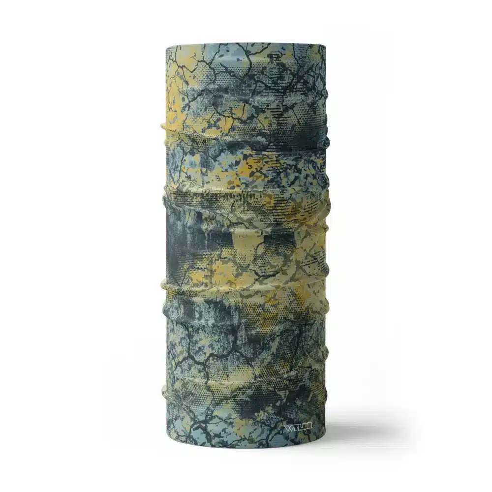 an image of a full sized neck gaiter. an abstract design in yellows and blues created to mimic the colorful designs found on fish