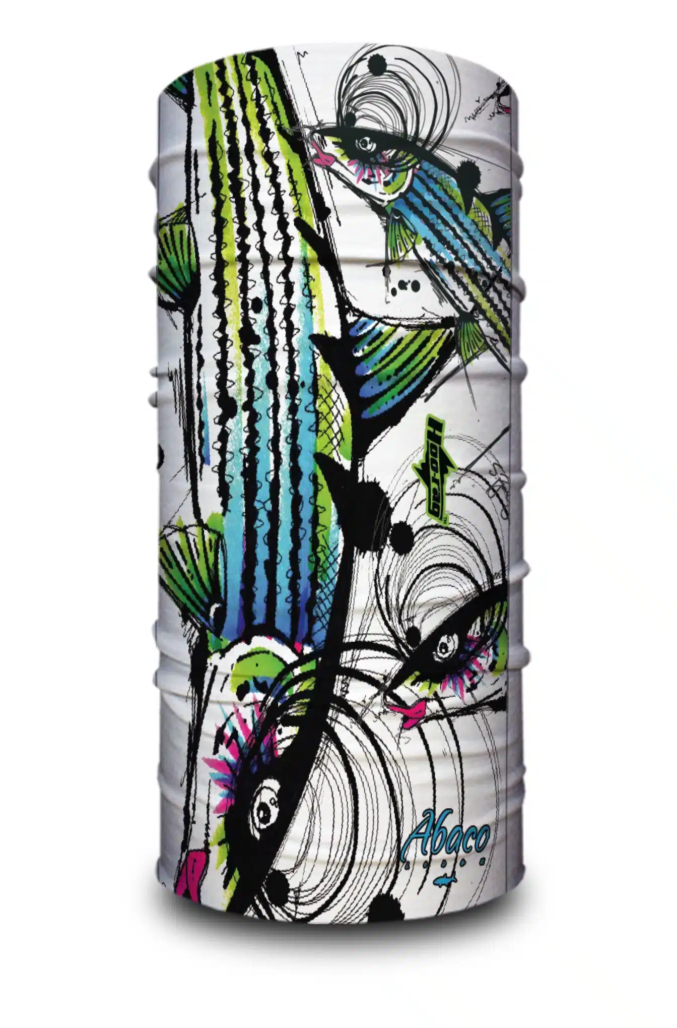 A image of a neck gaiter featuring custom art done for the Abaco Lodge resort