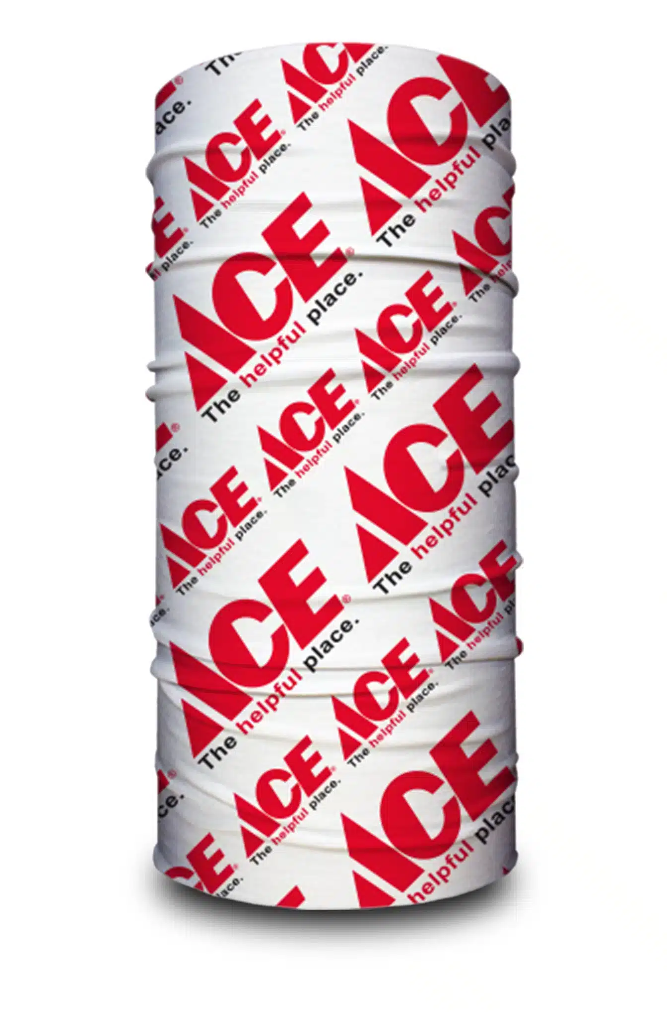 A image of a neck gaiter featuring custom art done for the Ace Hardware company