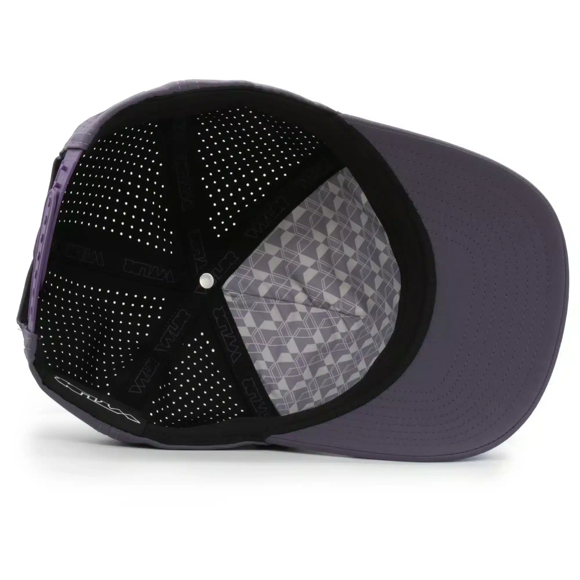 (RH) Ridge Hat | Amethyst - Interior View interior view of a water resistant, floatable hat in dark purple. the lining has the name brand, Wyldr, and there is a two panel fabric lining in a patterned "w" logo