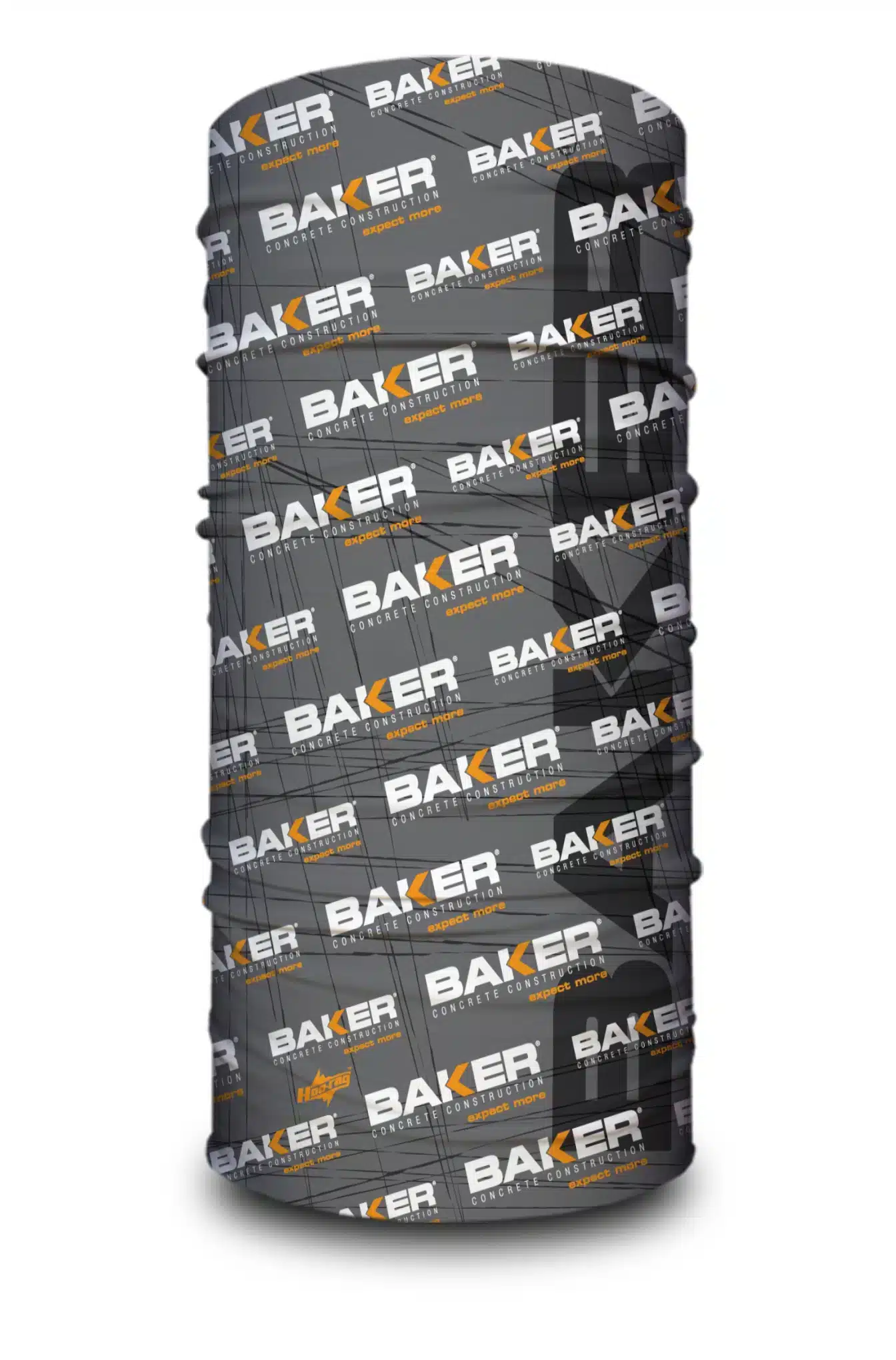 A image of a neck gaiter featuring custom art done for the Baker Concrete Construction company