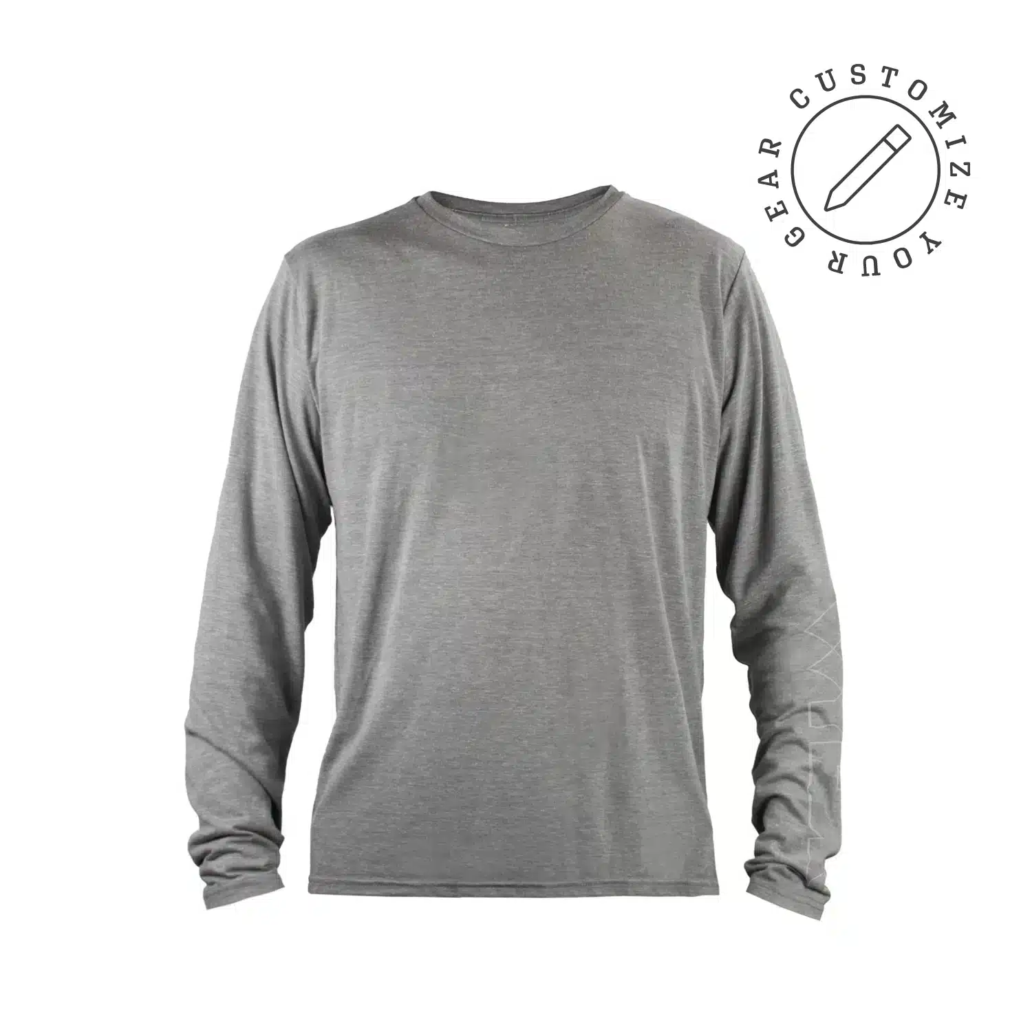 an image of a heather gray shirt. It's blank and has text reading "Customize Your Gear"