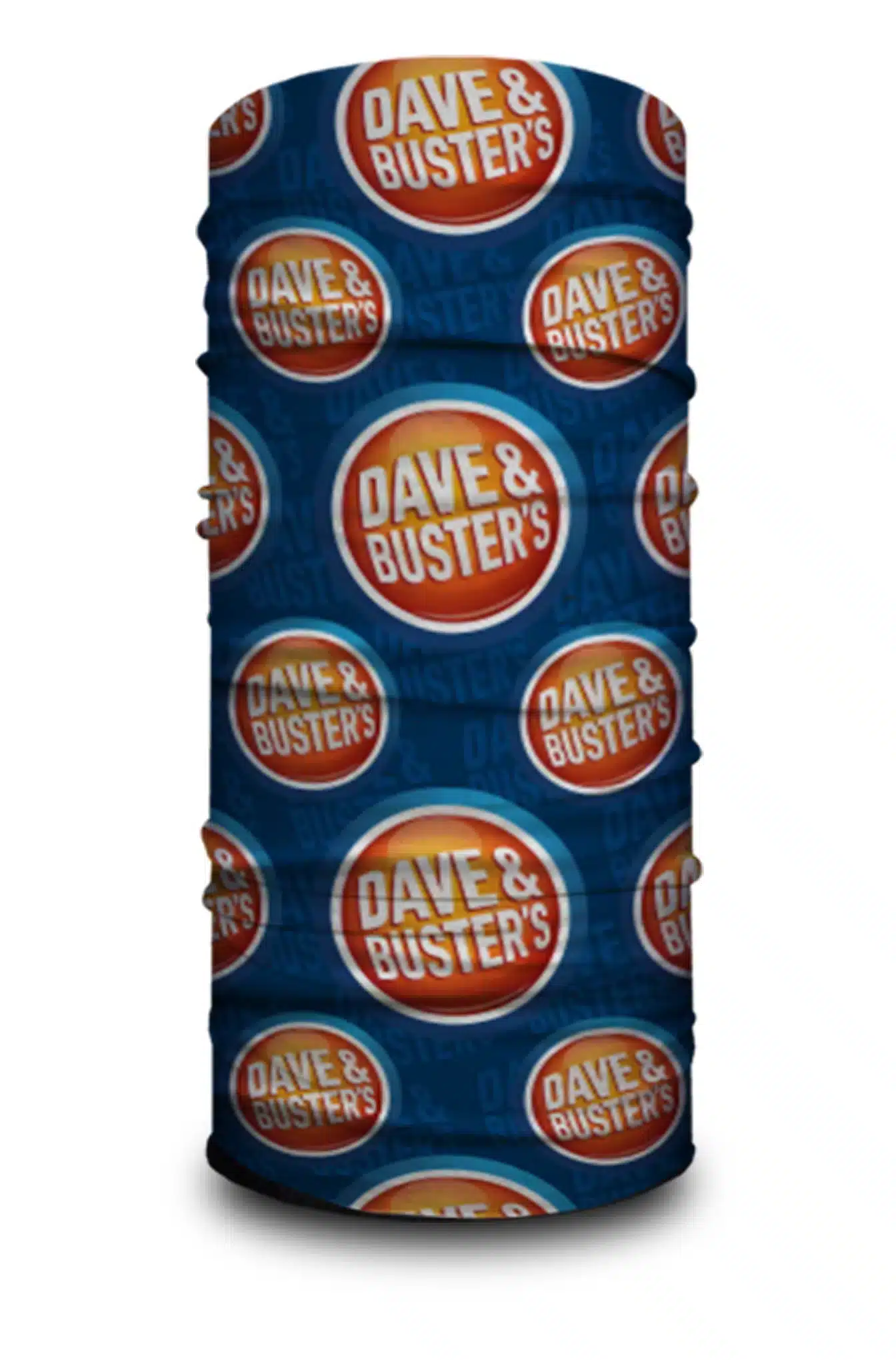 A image of a neck gaiter featuring custom art done for the Dave & Busters brand