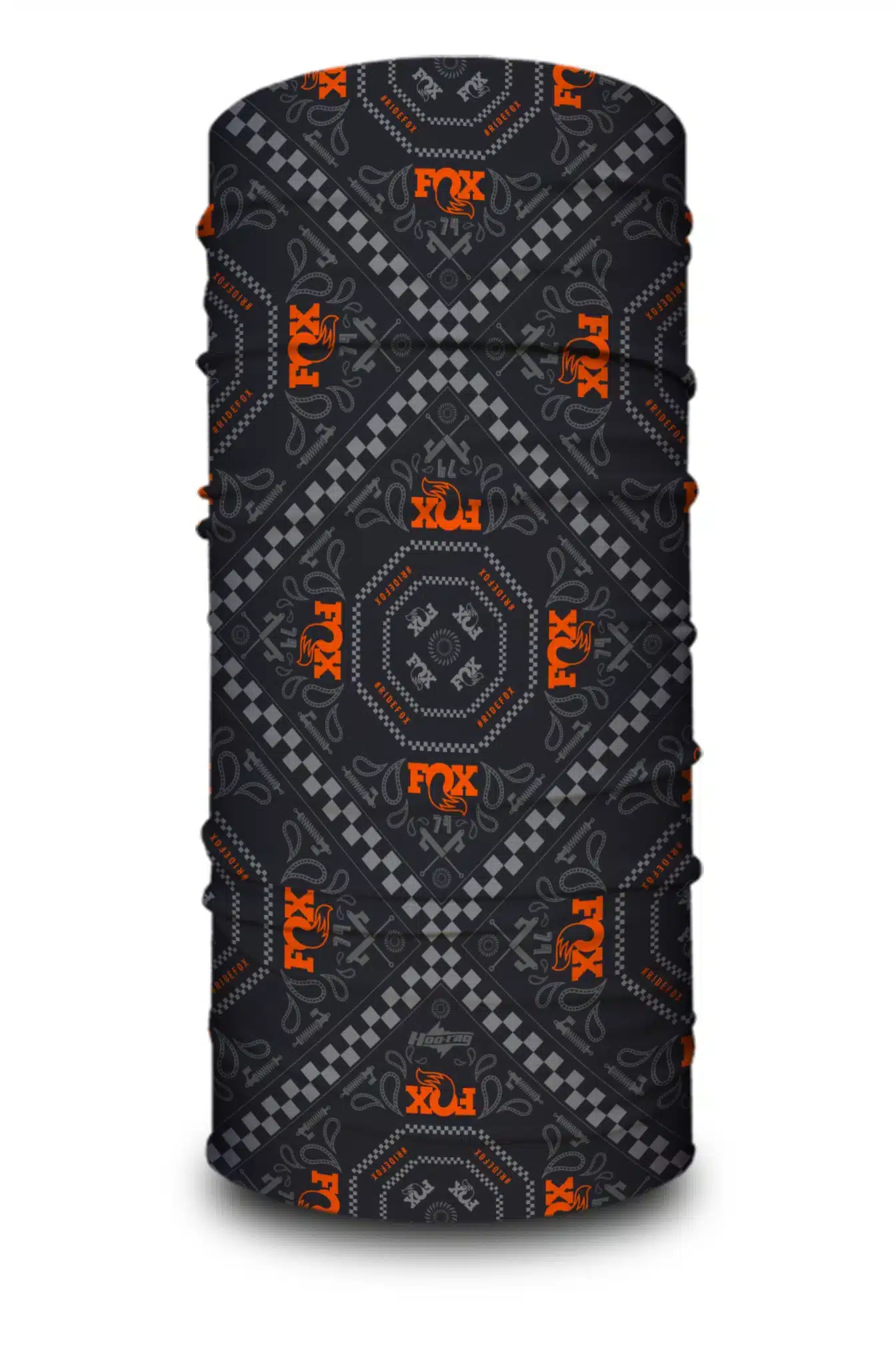 A image of a neck gaiter featuring custom art done for the Fox Factory brand