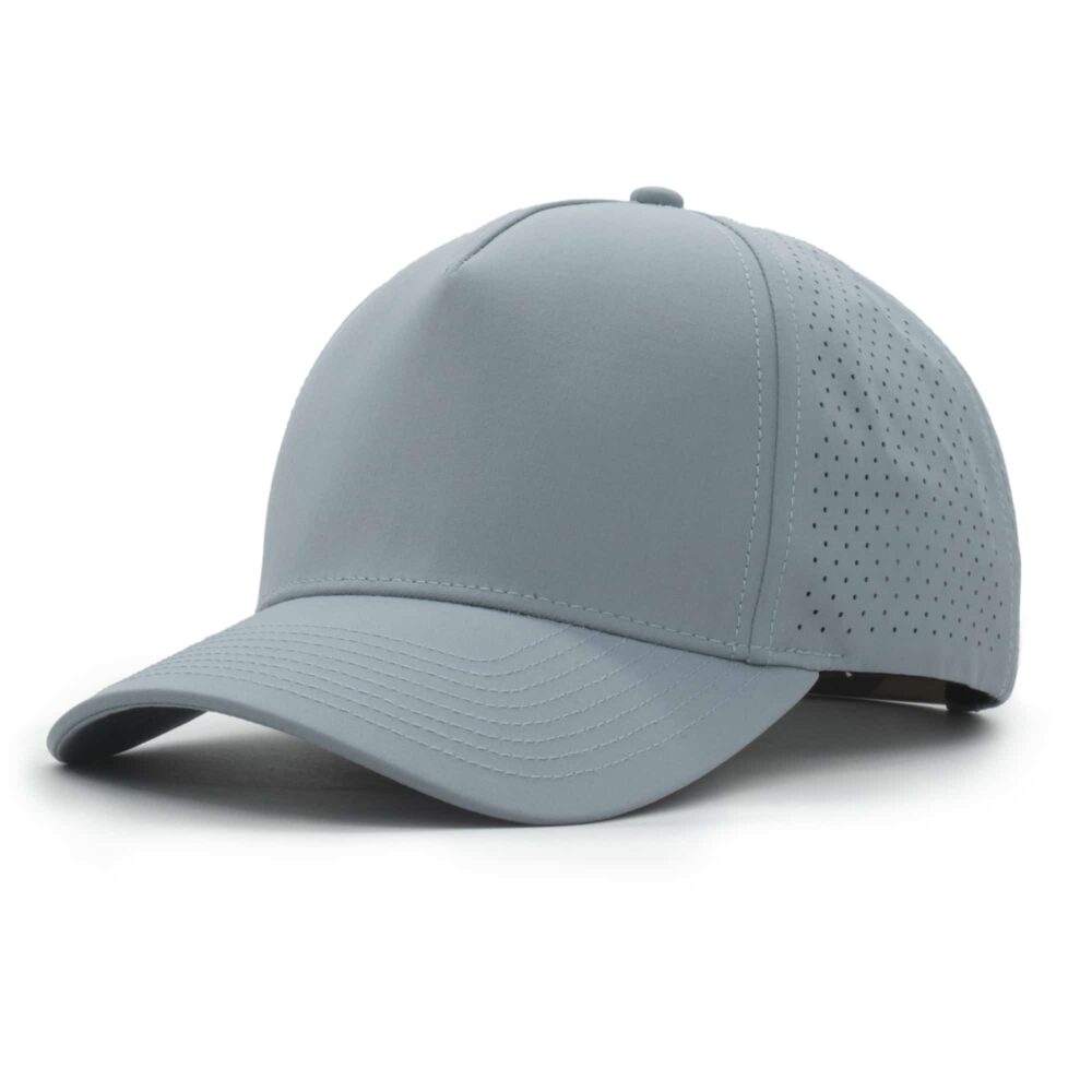 three-quarter view of a 5 panel, water resistant, floatable hat that is light blue in color.
