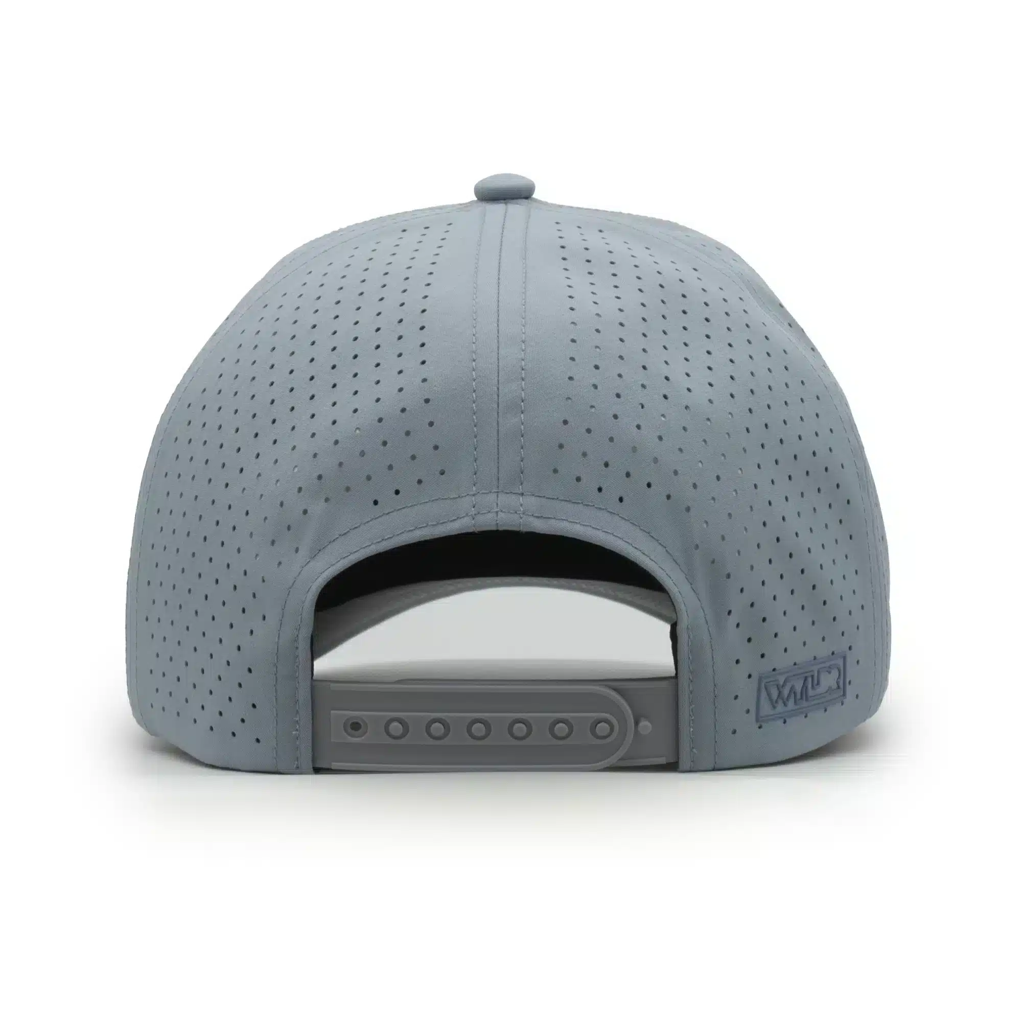 (RH) Ridge Hat | Harbor - Back View back view of a 5 panel, water resistant, floatable hat. the back panel is fabric with small holes for sweat evaporation while still reducing sun exposure. the hat is gray-blue in color