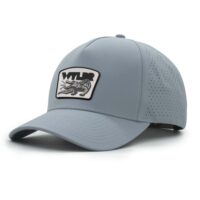 (RH) Ridge Hat | Harbor - Gator three-quarter view of a 5 panel, water resistant, floatable hat with a PVC patch. the patch is a gator catching a golf ball in its mouth and features the brand name, Wyldr. the hat is light blue