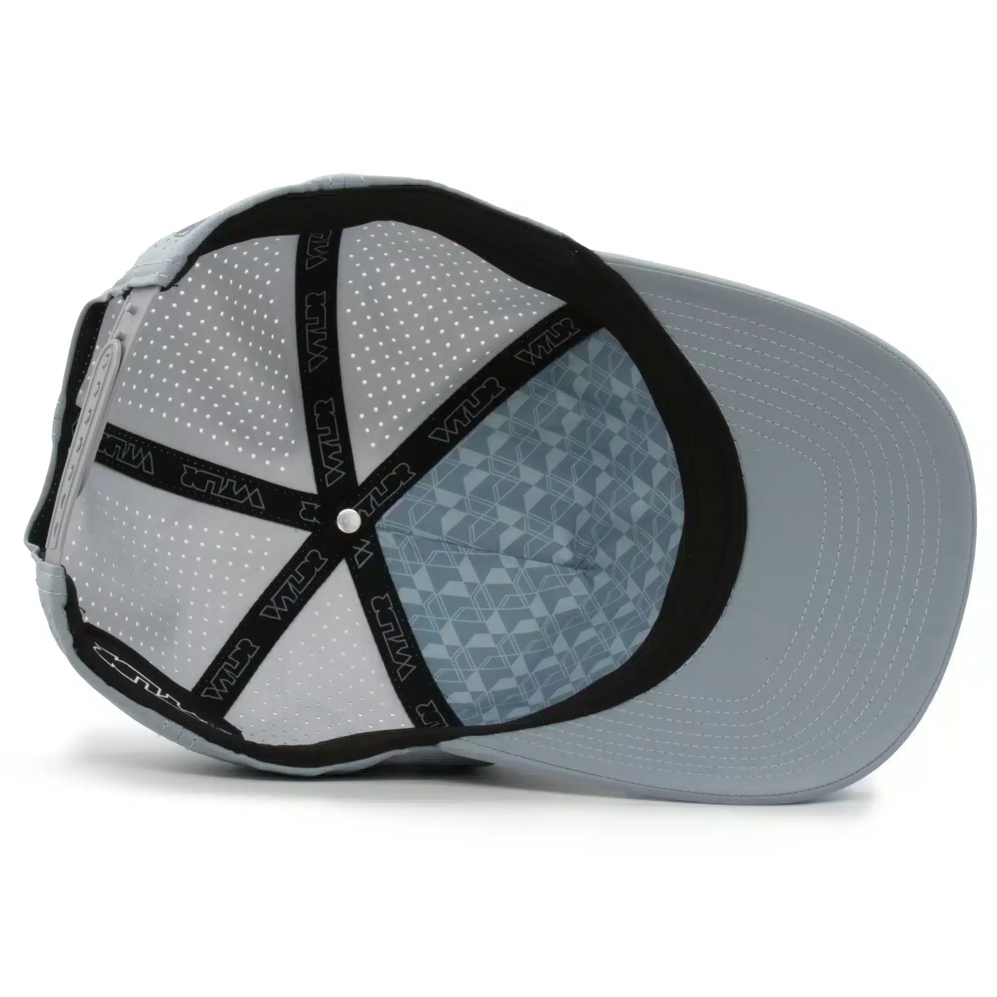 (RH) Ridge Hat | Harbor - Interior View interior view of a water resistant, floatable hat in gray-blue color. the lining has the name brand, Wyldr, and there is a two panel fabric lining in a patterned "w" logo