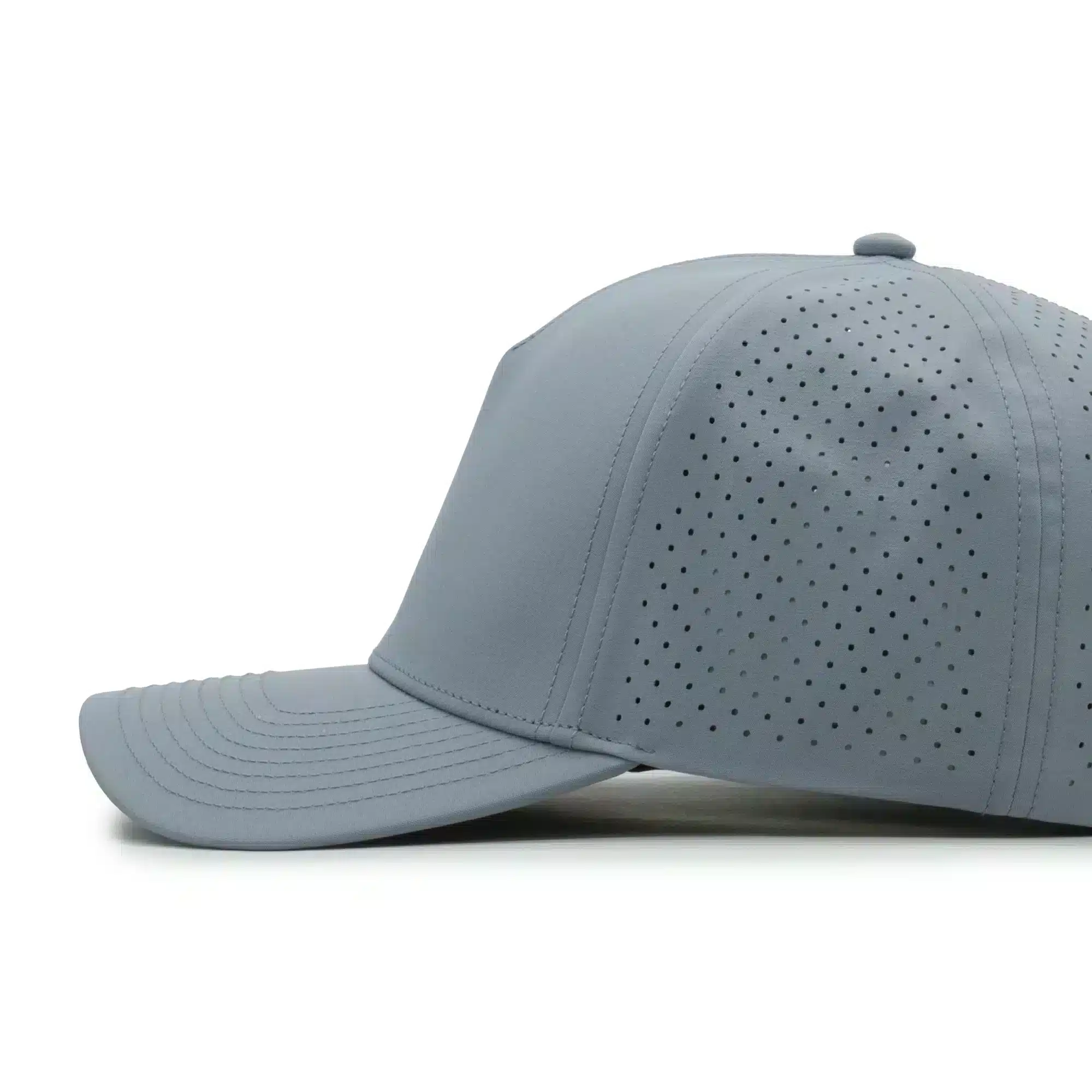 (RH) Ridge Hat | Harbor - Side View side view of a 5 panel, water resistant, floatable hat. the hat is gray-blue in color