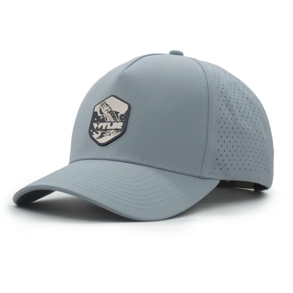 three-quarter view of a 5 panel, water resistant, floatable hat with a PVC patch. the patch is of a tarpon splashing out of the water and has the brand name Wyldr over it. the hat is light blue