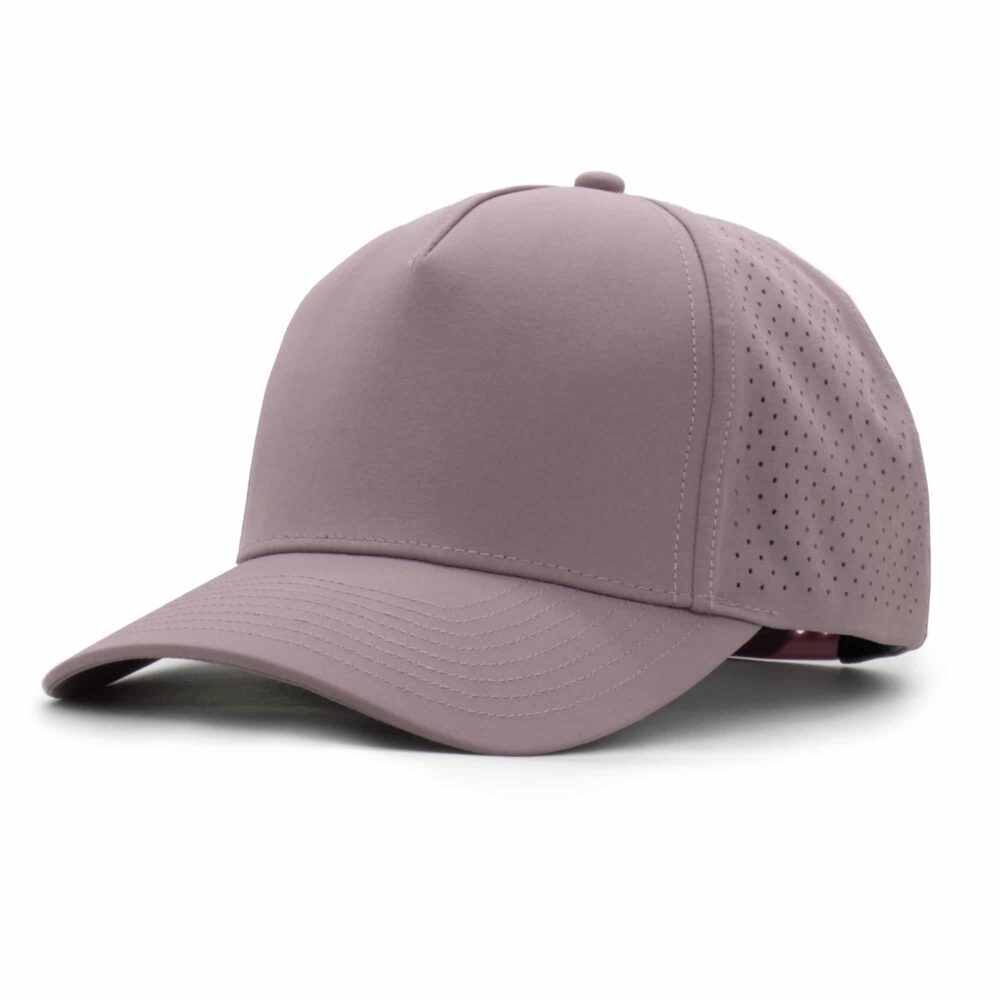 three-quarter view of a 5 panel, water resistant, floatable hat that is lilac purple in color.
