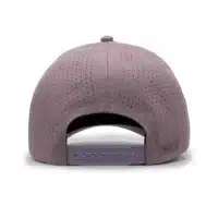 back view of a 5 panel, water resistant, floatable hat. the back panel is fabric with small holes for sweat evaporation while still reducing sun exposure. the hat is light purple in color