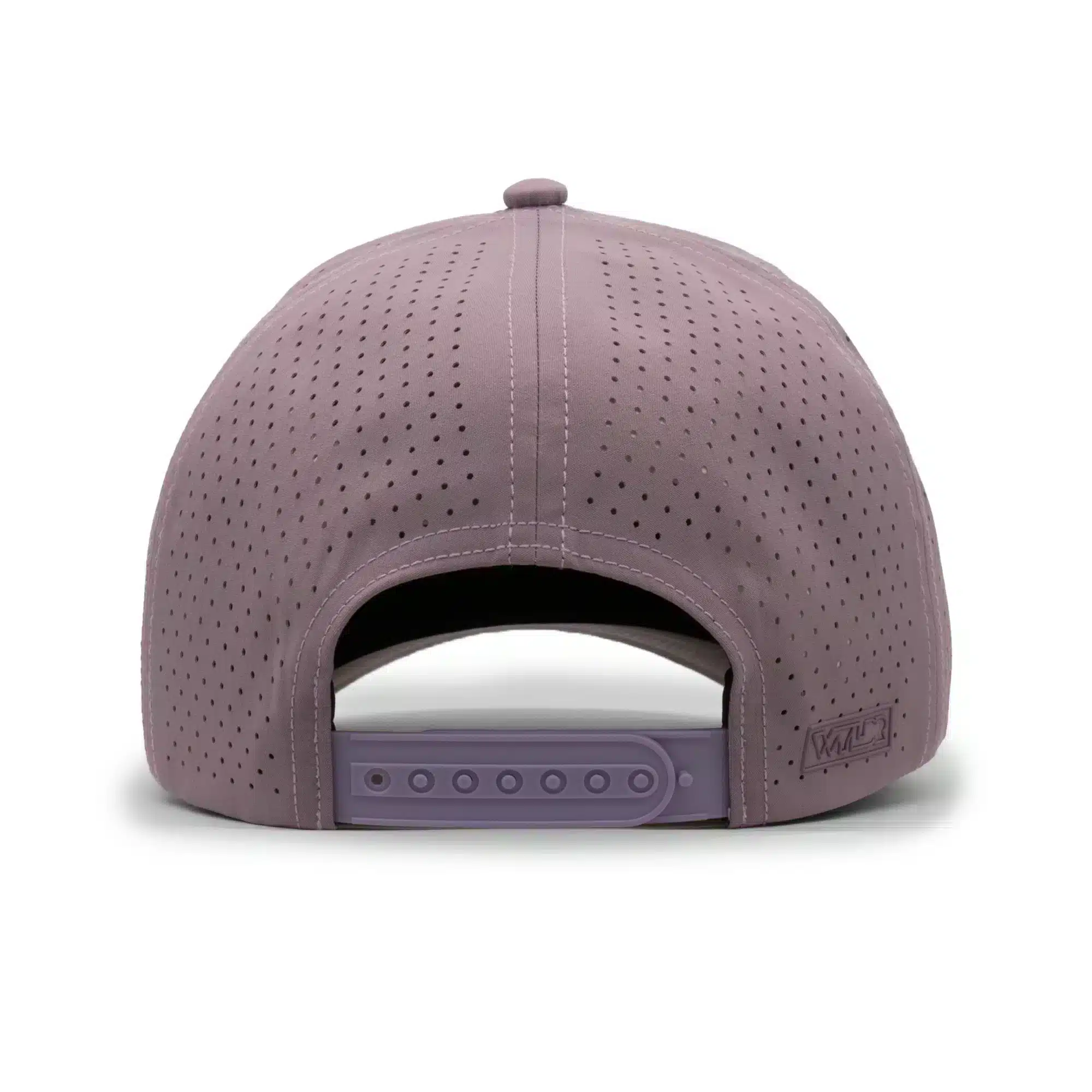 back view of a 5 panel, water resistant, floatable hat. the back panel is fabric with small holes for sweat evaporation while still reducing sun exposure. the hat is light purple in color