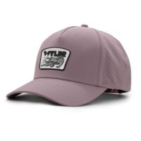 three-quarter view of a 5 panel, water resistant, floatable hat with a PVC patch. the patch is a gator catching a golf ball in its mouth and features the brand name, Wyldr. the hat is lilac purple