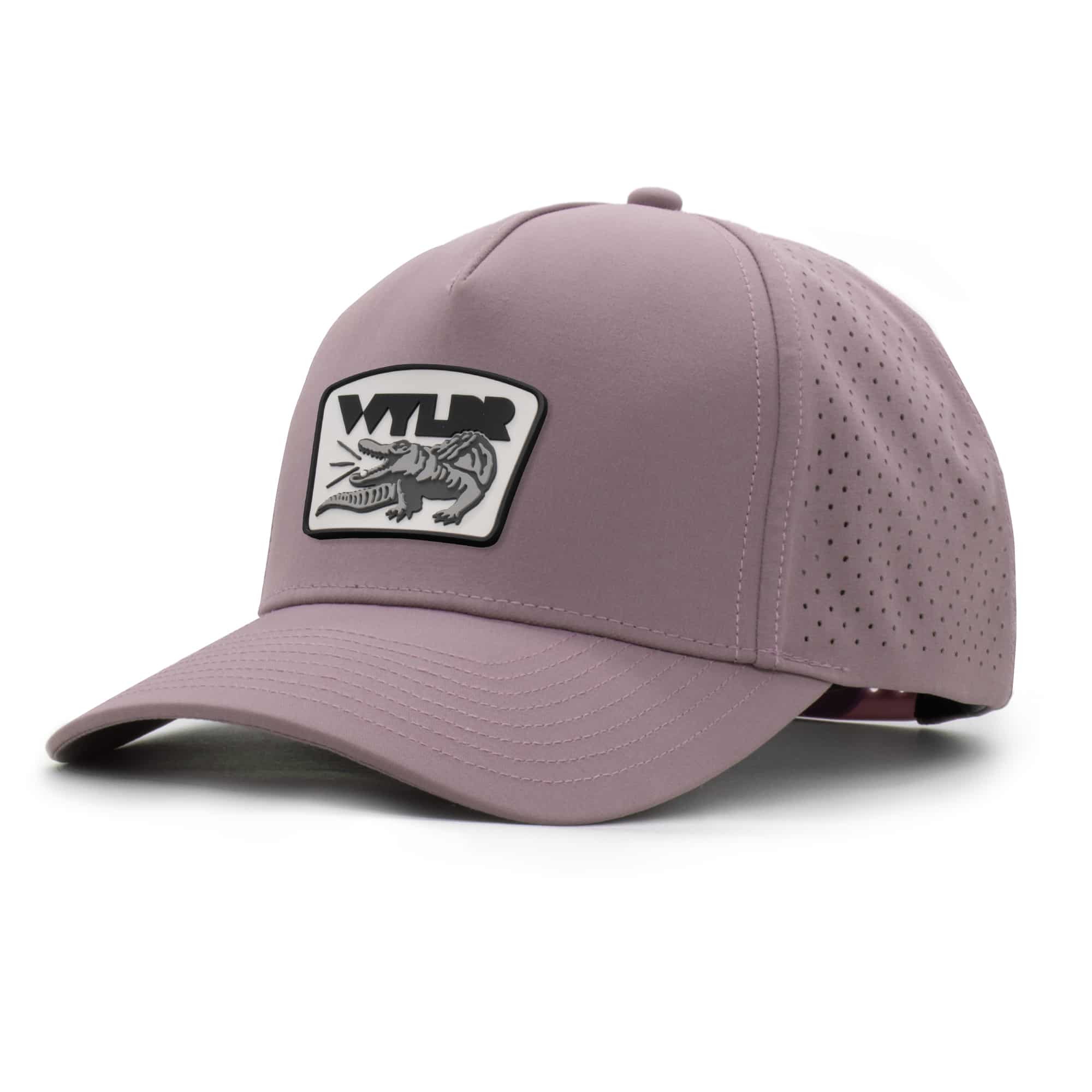 three-quarter view of a 5 panel, water resistant, floatable hat with a PVC patch. the patch is a gator catching a golf ball in its mouth and features the brand name, Wyldr. the hat is lilac purple