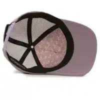 interior view of a water resistant, floatable hat in lilac. the lining has the name brand, Wyldr, and there is a two panel fabric lining in a patterned "w" logo