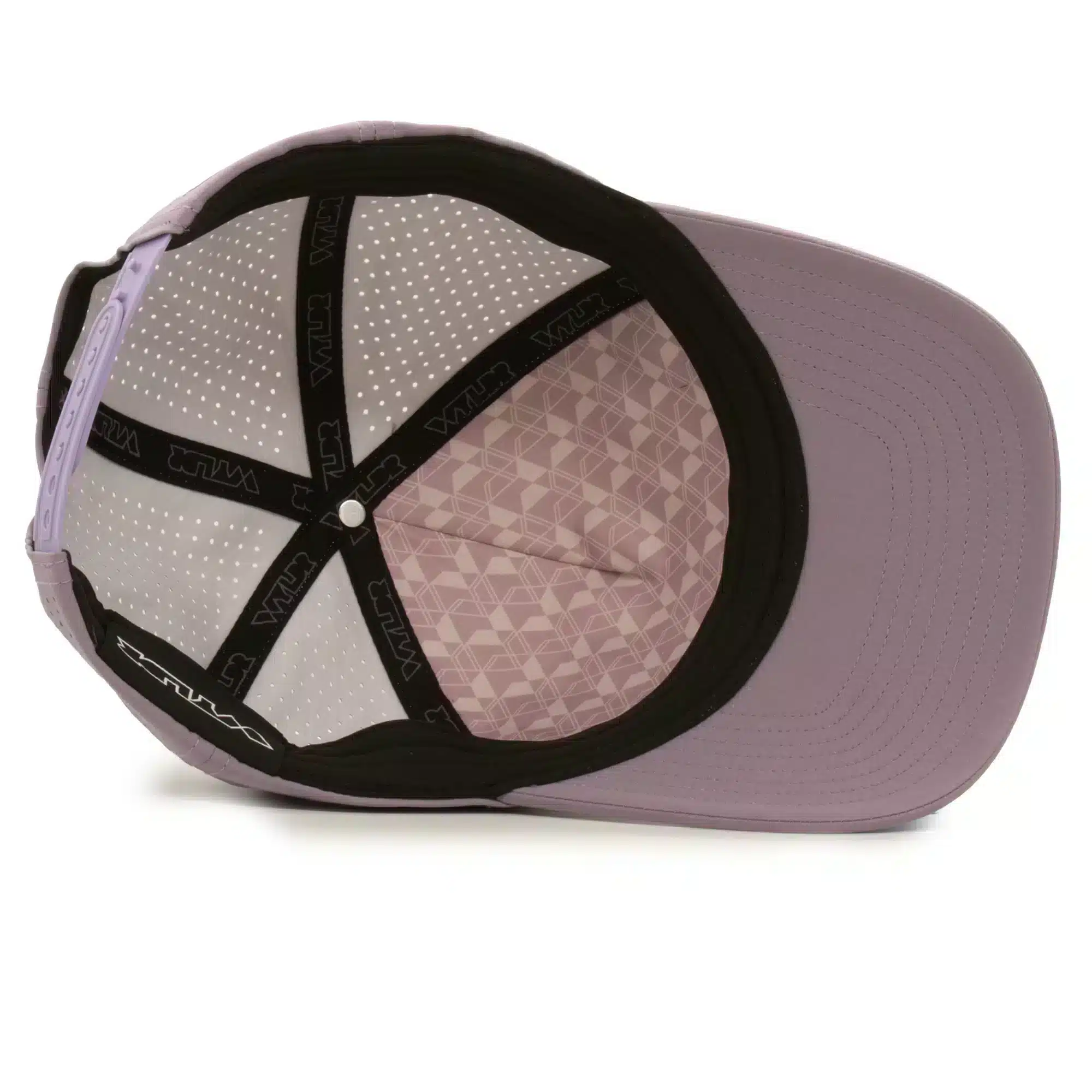interior view of a water resistant, floatable hat in lilac. the lining has the name brand, Wyldr, and there is a two panel fabric lining in a patterned "w" logo