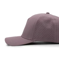 side view of a 5 panel, water resistant, floatable hat. the hat is light purple in color