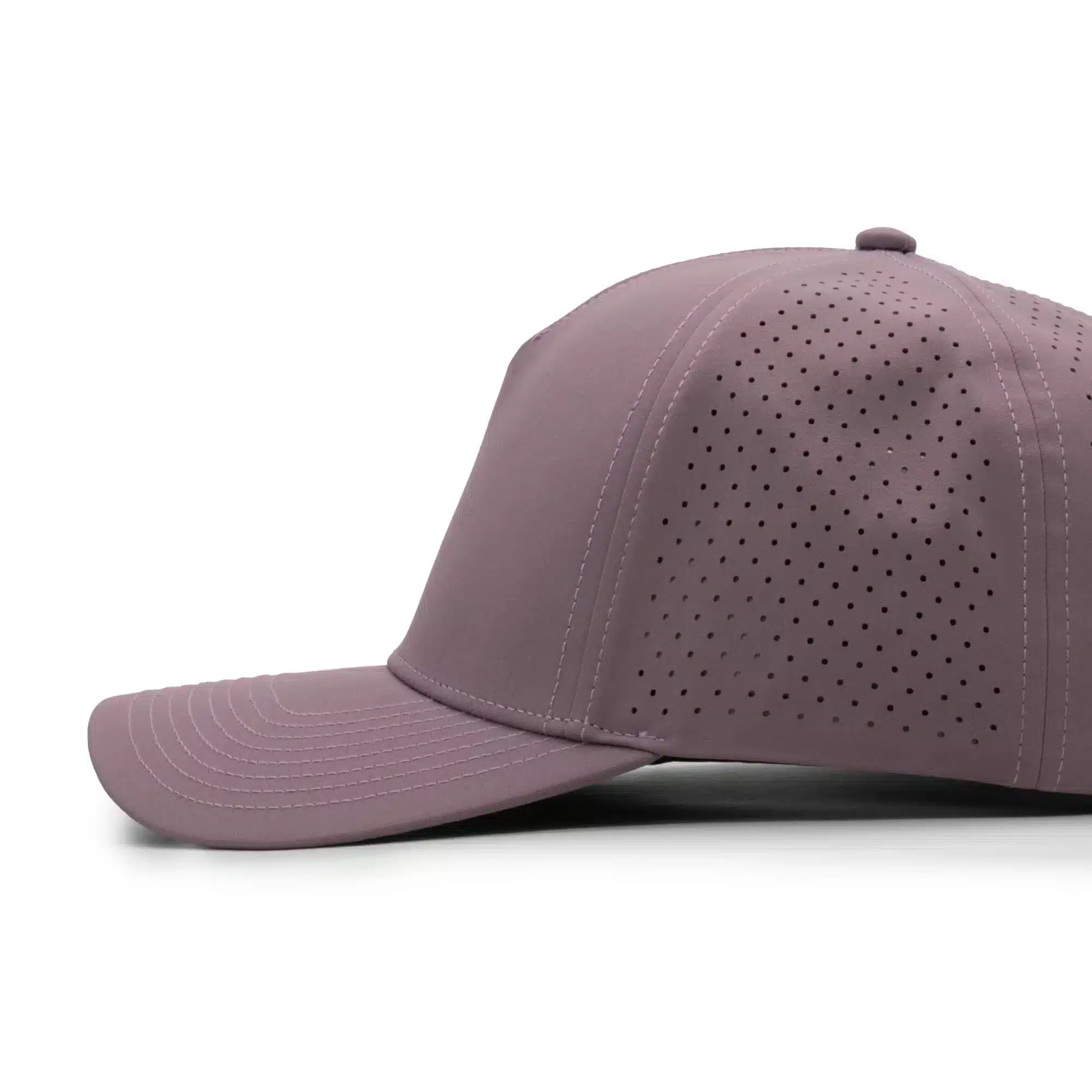 side view of a 5 panel, water resistant, floatable hat. the hat is light purple in color