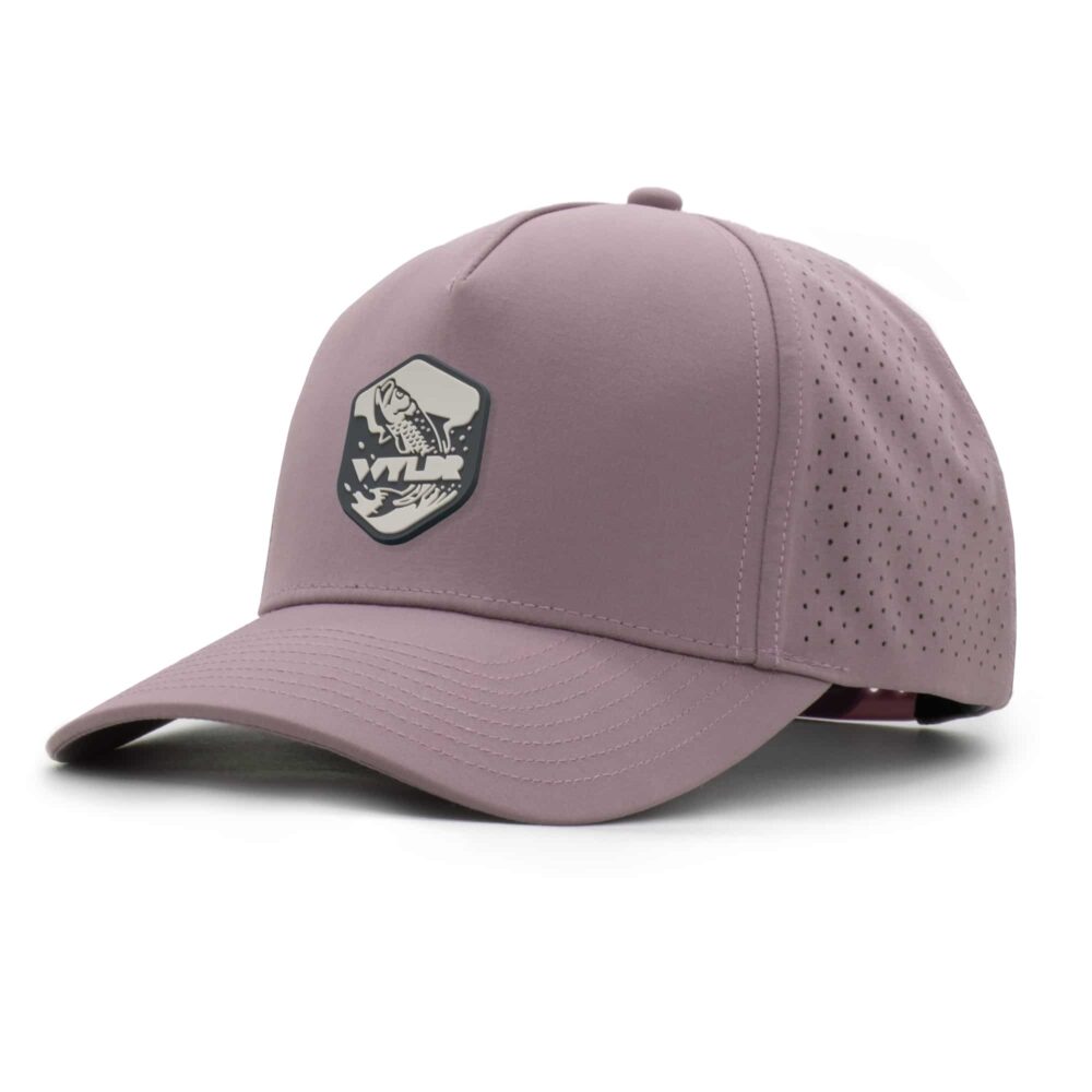 three-quarter view of a 5 panel, water resistant, floatable hat with a PVC patch. the patch is of a tarpon splashing out of the water and has the brand name Wyldr over it. the hat is lilac purple.