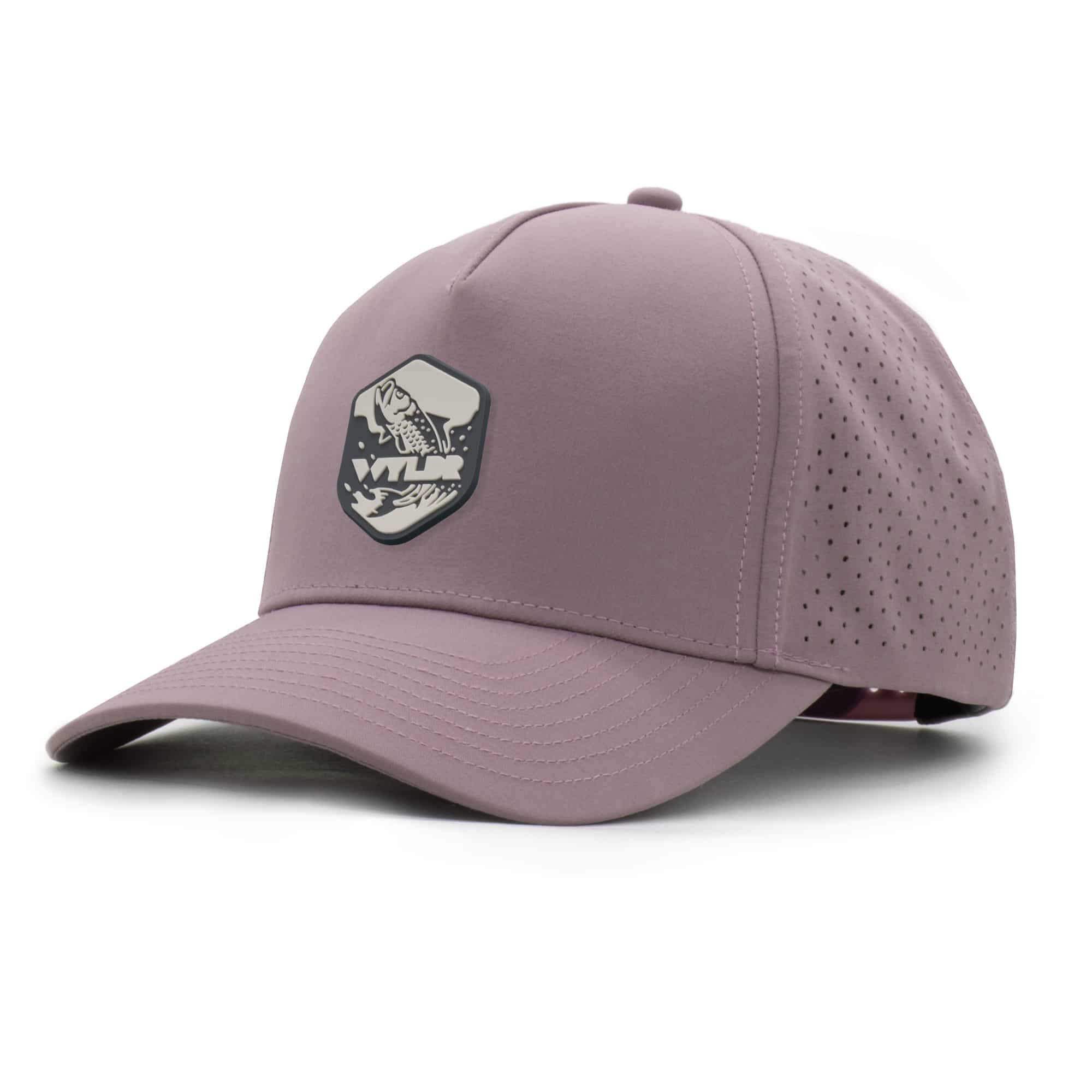 (RH) Ridge Hat | Lilac - Tarpon three-quarter view of a 5 panel, water resistant, floatable hat with a PVC patch. the patch is of a tarpon splashing out of the water and has the brand name Wyldr over it. the hat is lilac purple.