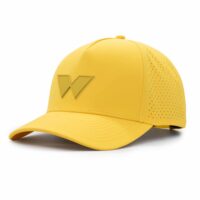 (RH) Ridge Hat | Marigold - W three-quarter view of a 5 panel, water resistant, floatable hat with a PVC patch. the patch is of the letter W from the brand name Wyldr. the hat is yellow. the patch matches the hat color.