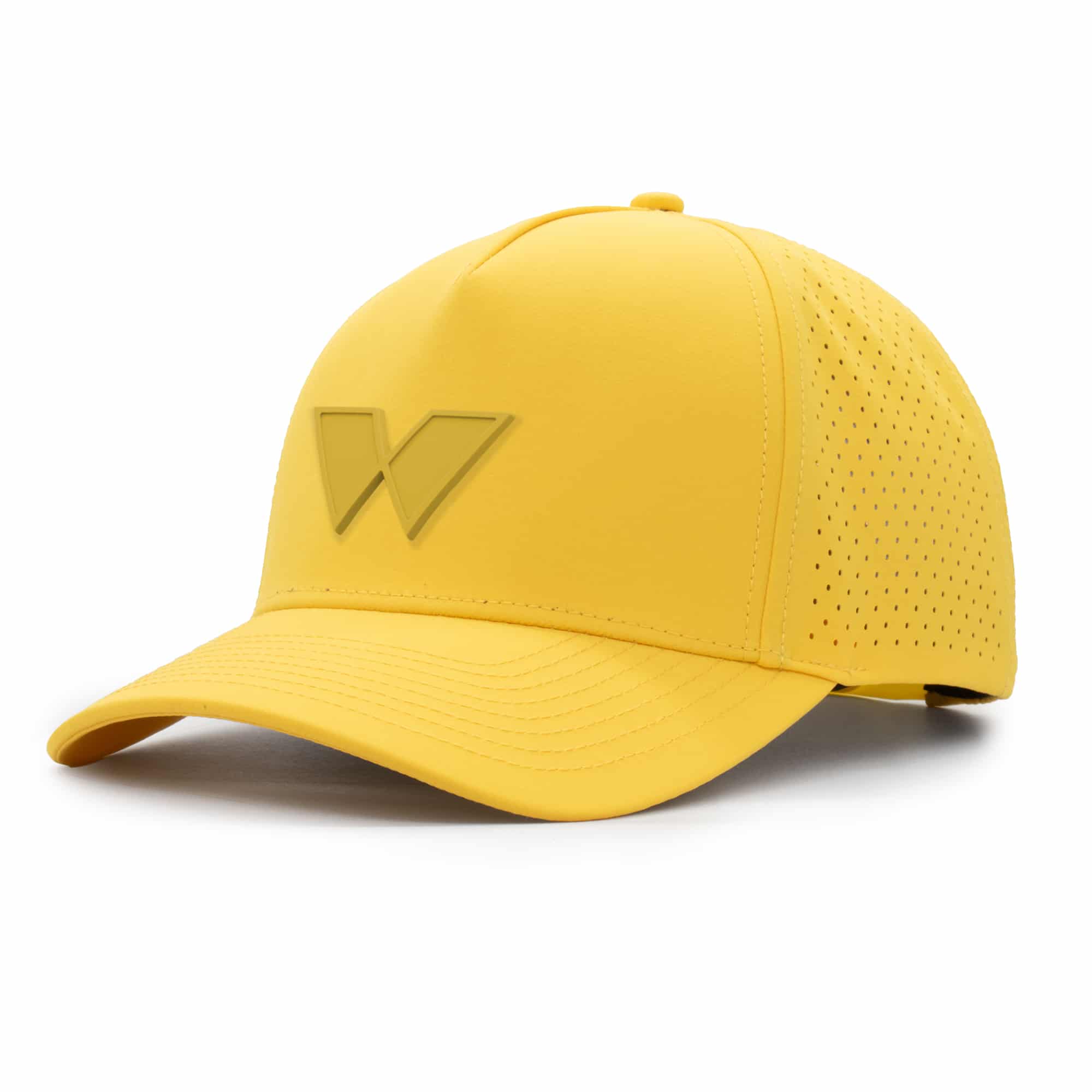 (RH) Ridge Hat | Marigold - W three-quarter view of a 5 panel, water resistant, floatable hat with a PVC patch. the patch is of the letter W from the brand name Wyldr. the hat is yellow. the patch matches the hat color.
