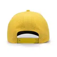 back view of a 5 panel, water resistant, floatable hat. the back panel is fabric with small holes for sweat evaporation while still reducing sun exposure. the hat is yellow in color