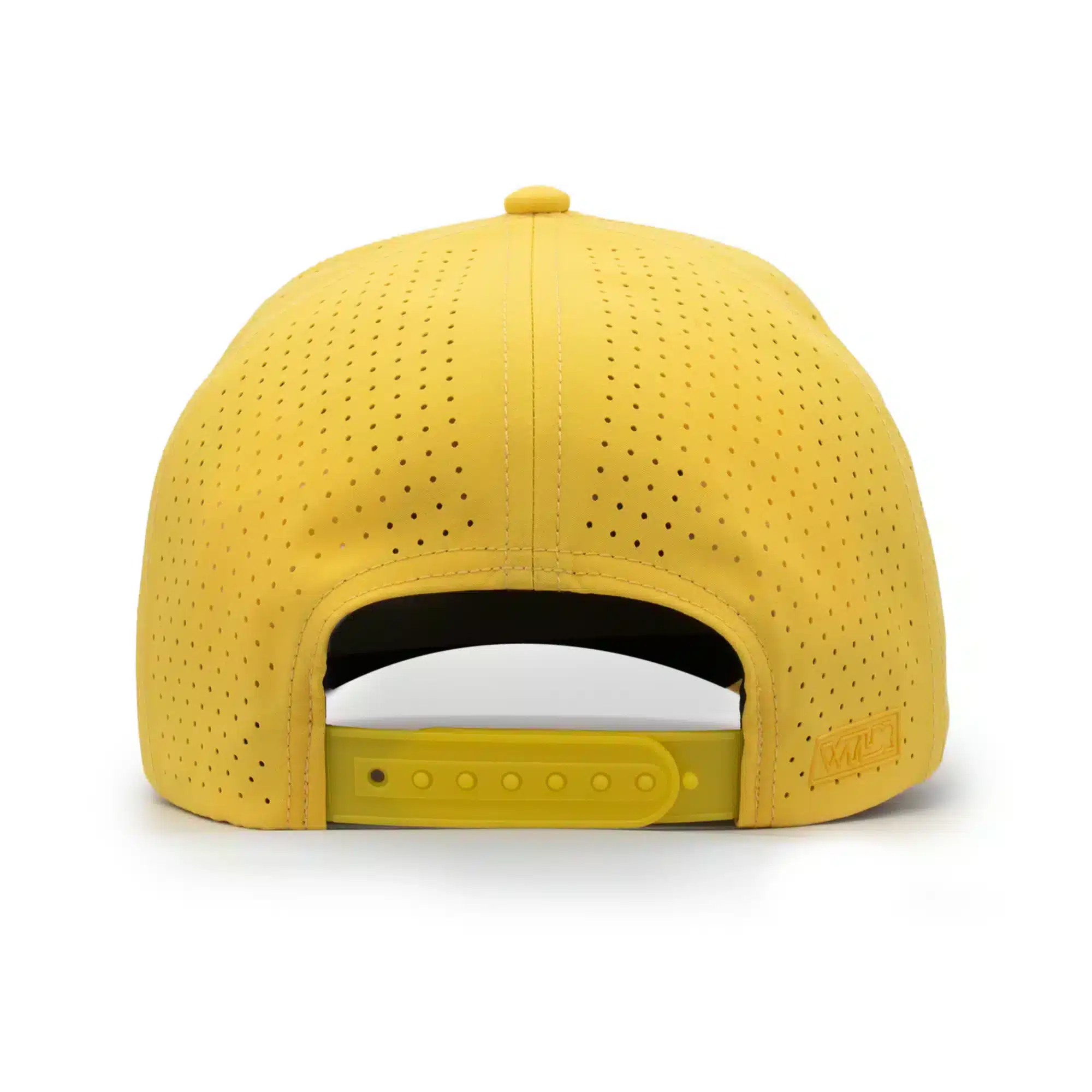 back view of a 5 panel, water resistant, floatable hat. the back panel is fabric with small holes for sweat evaporation while still reducing sun exposure. the hat is yellow in color