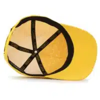 interior view of a water resistant, floatable hat in yellow. the lining has the name brand, Wyldr, and there is a two panel fabric lining in a patterned "w" logo