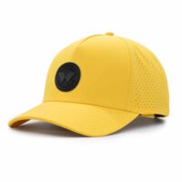 three-quarter view of a 5 panel, water resistant, floatable hat with a PVC patch. the patch is a round medallion featuring the letter W and the text Wyldr Outdoors. the hat is yellow