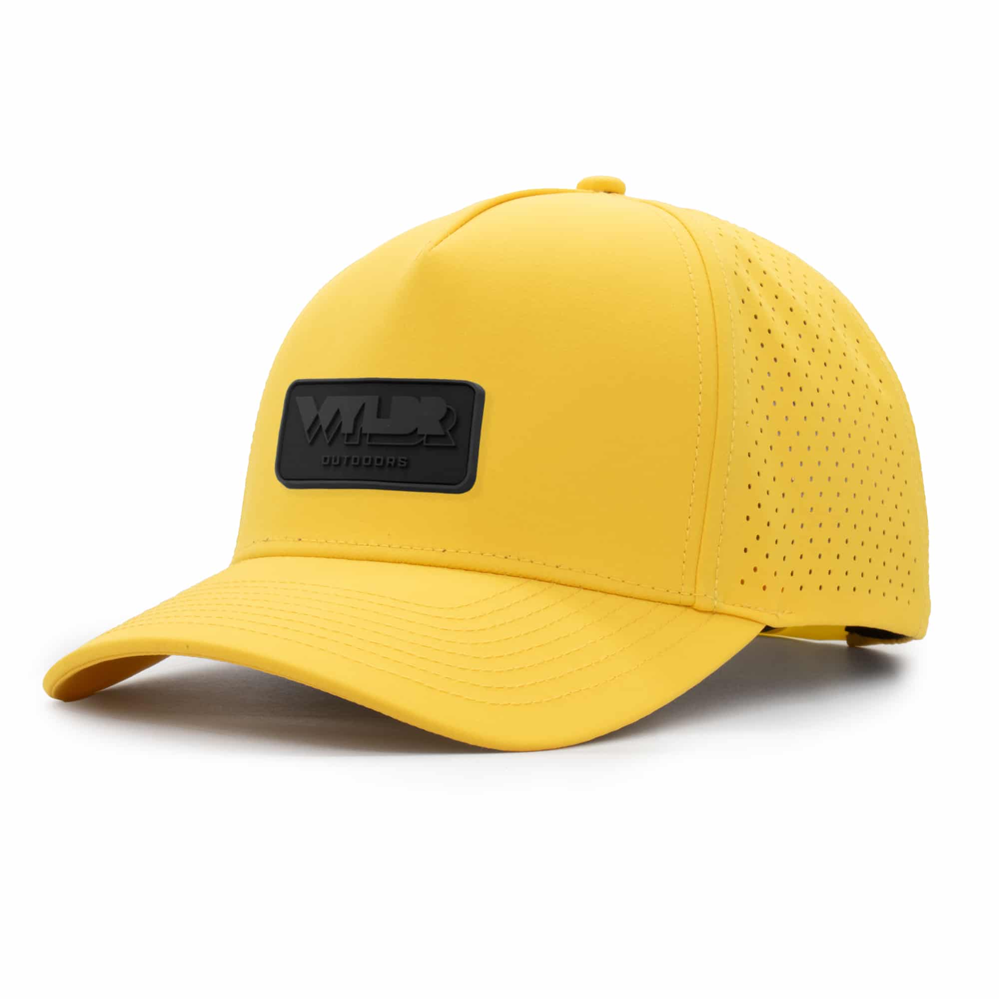 (RH) Ridge Hat | Marigold - Rectangle three-quarter view of a 5 panel, water resistant, floatable hat with a PVC patch. the patch is the brand name Wyldr contained in a rounded rectangle. the hat is dark yellow.