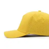 side view of a 5 panel, water resistant, floatable hat. the hat is yellow in color