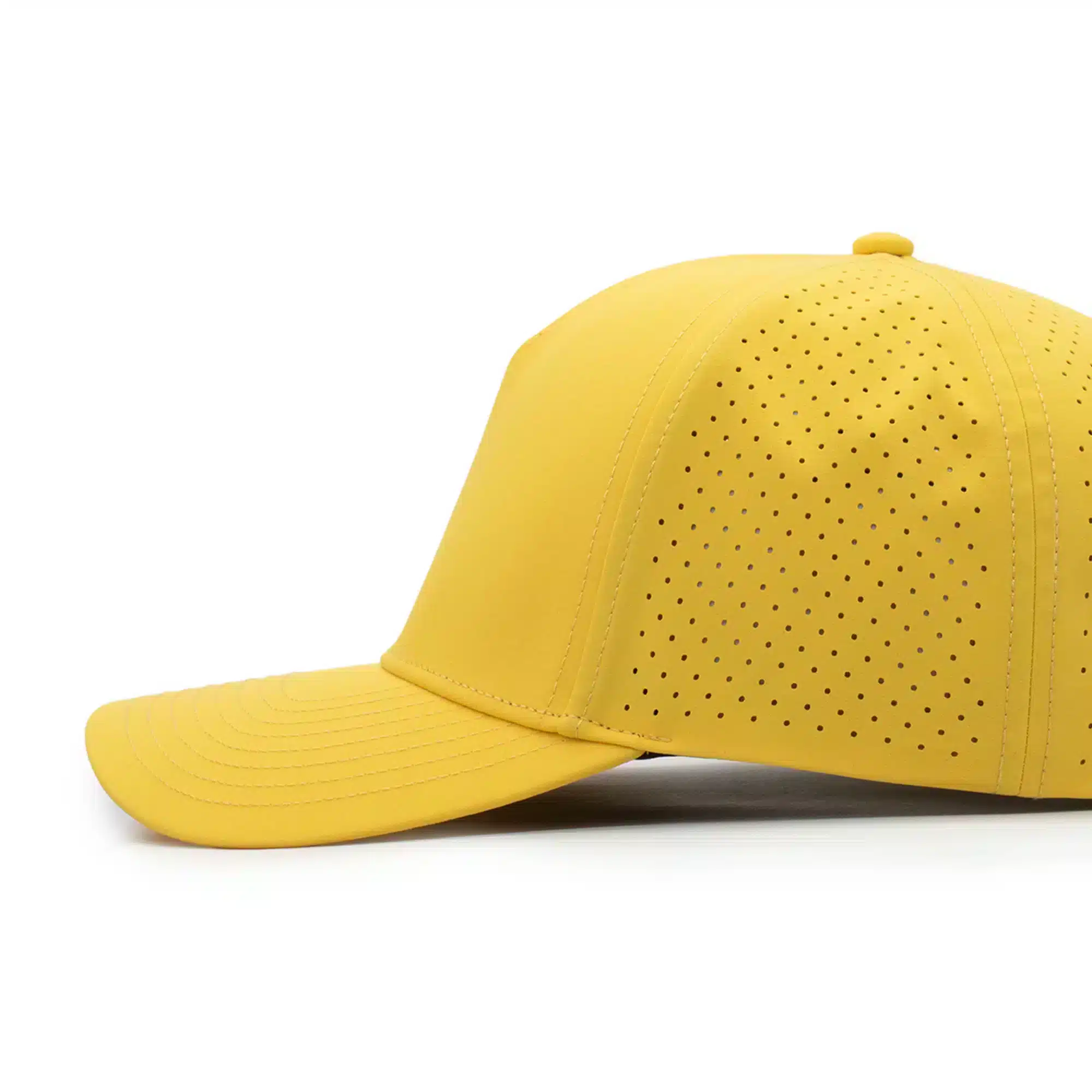 side view of a 5 panel, water resistant, floatable hat. the hat is yellow in color