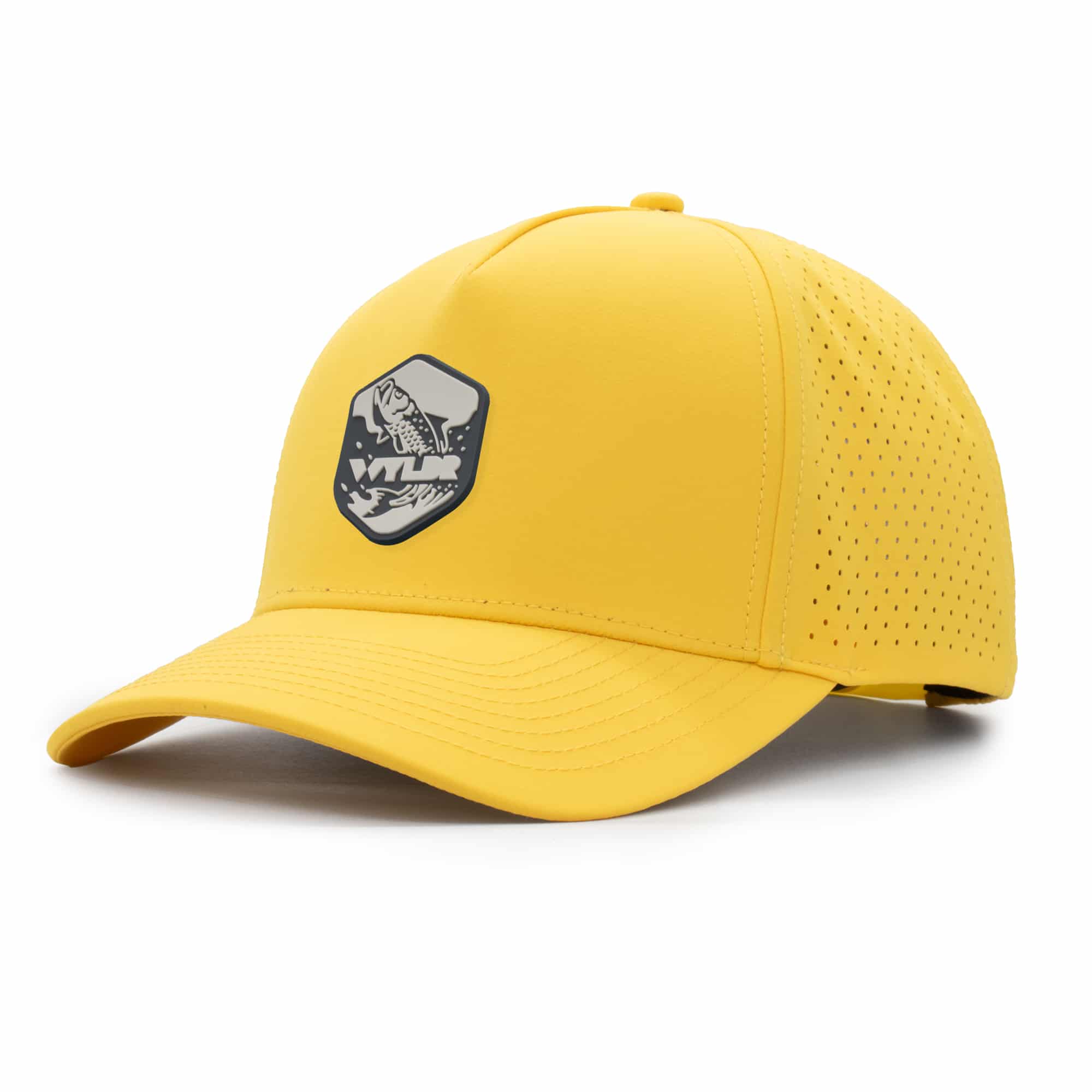 (RH) Ridge Hat | Marigold - Tarpon three-quarter view of a 5 panel, water resistant, floatable hat with a PVC patch. the patch is of a tarpon splashing out of the water and has the brand name Wyldr over it. the hat is yellow