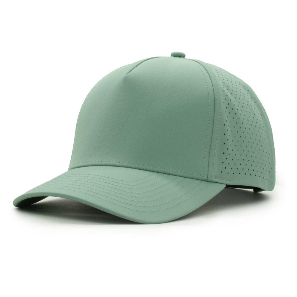 three-quarter view of a 5 panel, water resistant, floatable hat that is light green in color.