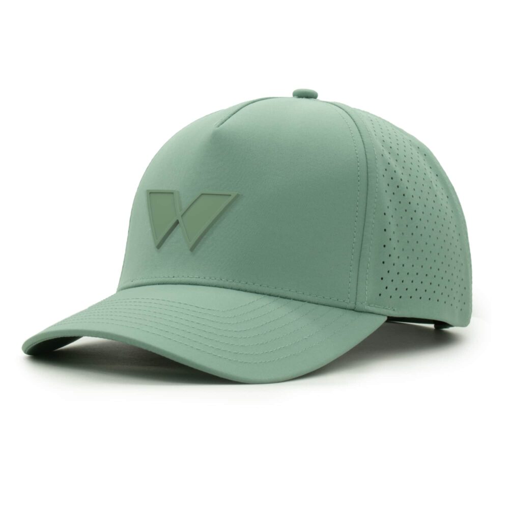 three-quarter view of a 5 panel, water resistant, floatable hat with a PVC patch. the patch is of the letter W from the brand name Wyldr. the hat is light green. the patch matches the hat color.