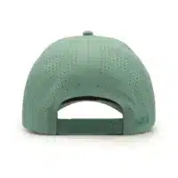 back view of a 5 panel, water resistant, floatable hat. the back panel is fabric with small holes for sweat evaporation while still reducing sun exposure. the hat is light green in color