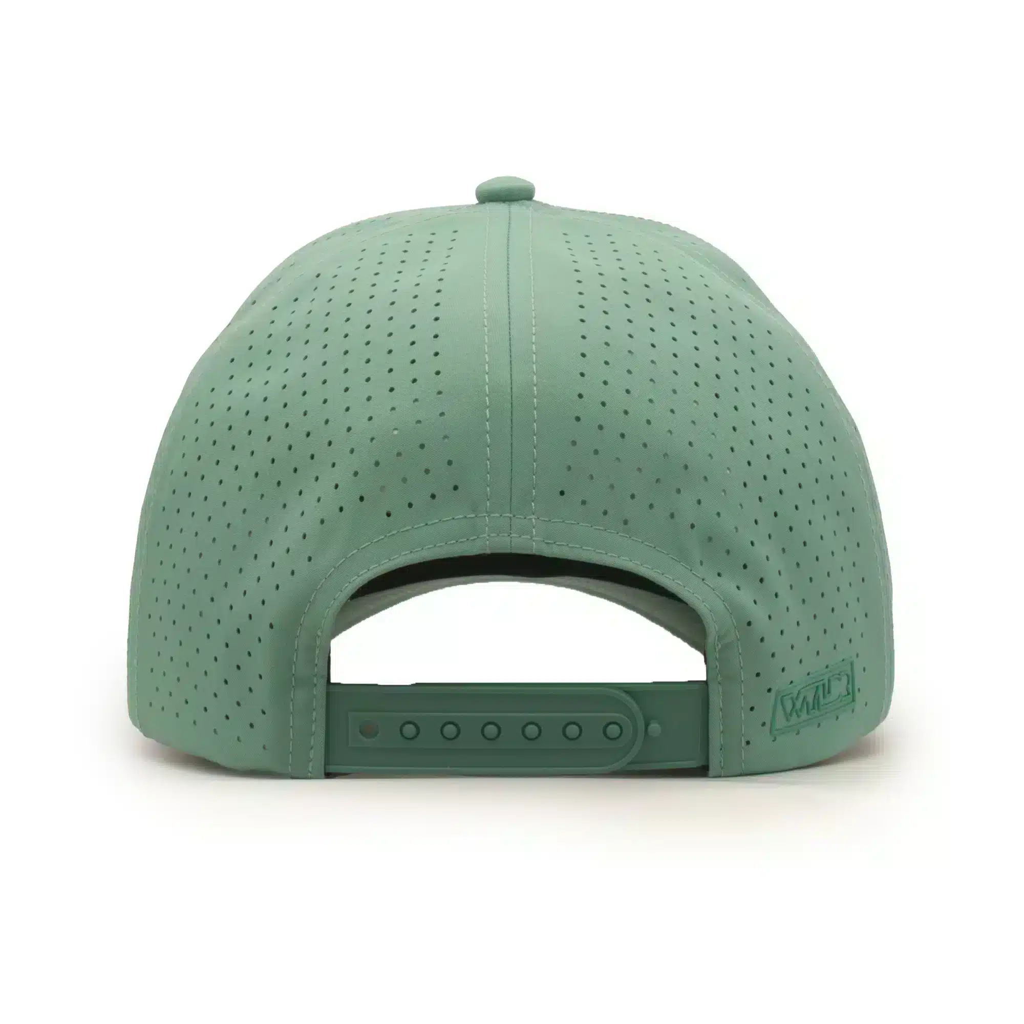 back view of a 5 panel, water resistant, floatable hat. the back panel is fabric with small holes for sweat evaporation while still reducing sun exposure. the hat is light green in color