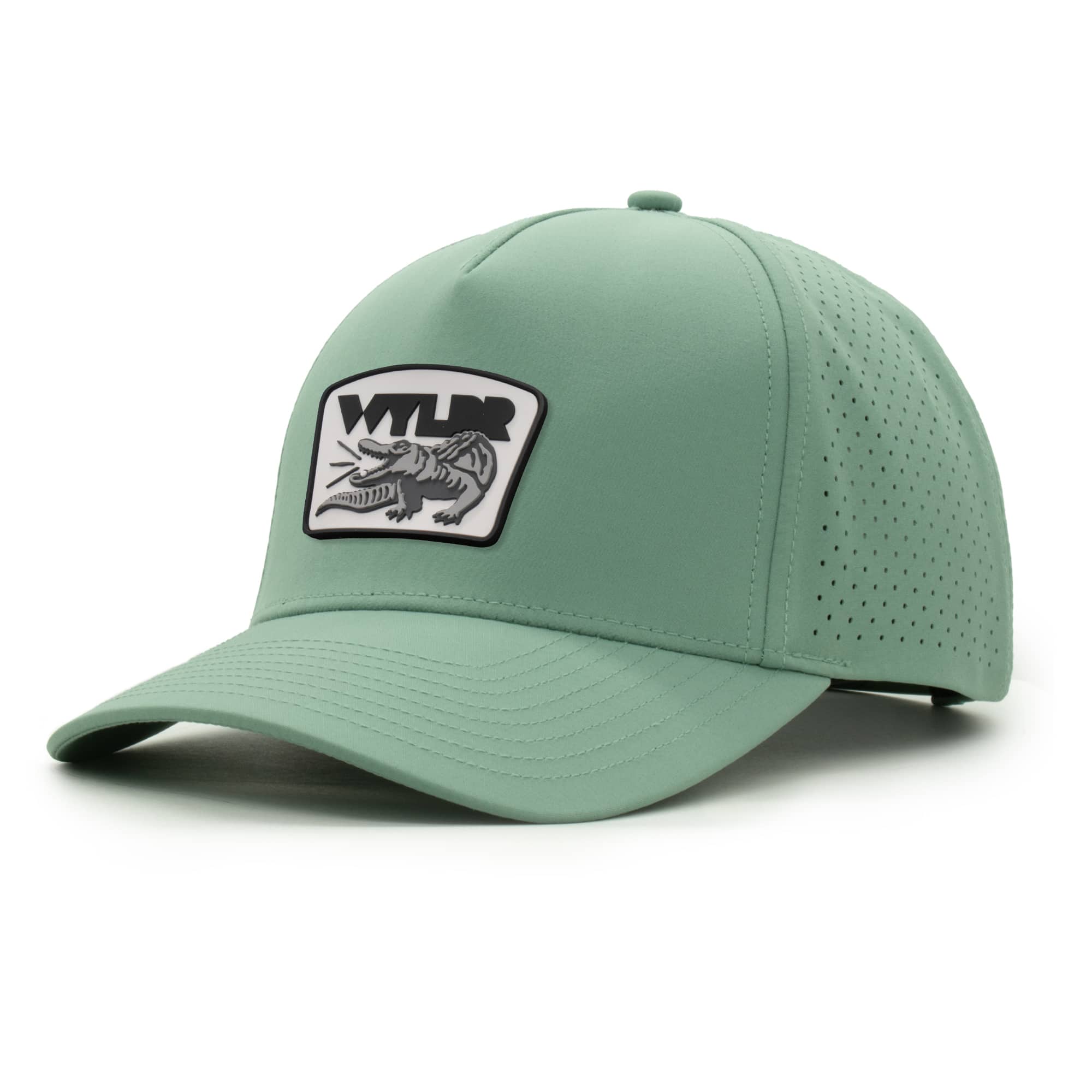 three-quarter view of a 5 panel, water resistant, floatable hat with a PVC patch. the patch is a gator catching a golf ball in its mouth and features the brand name, Wyldr. the hat is light green