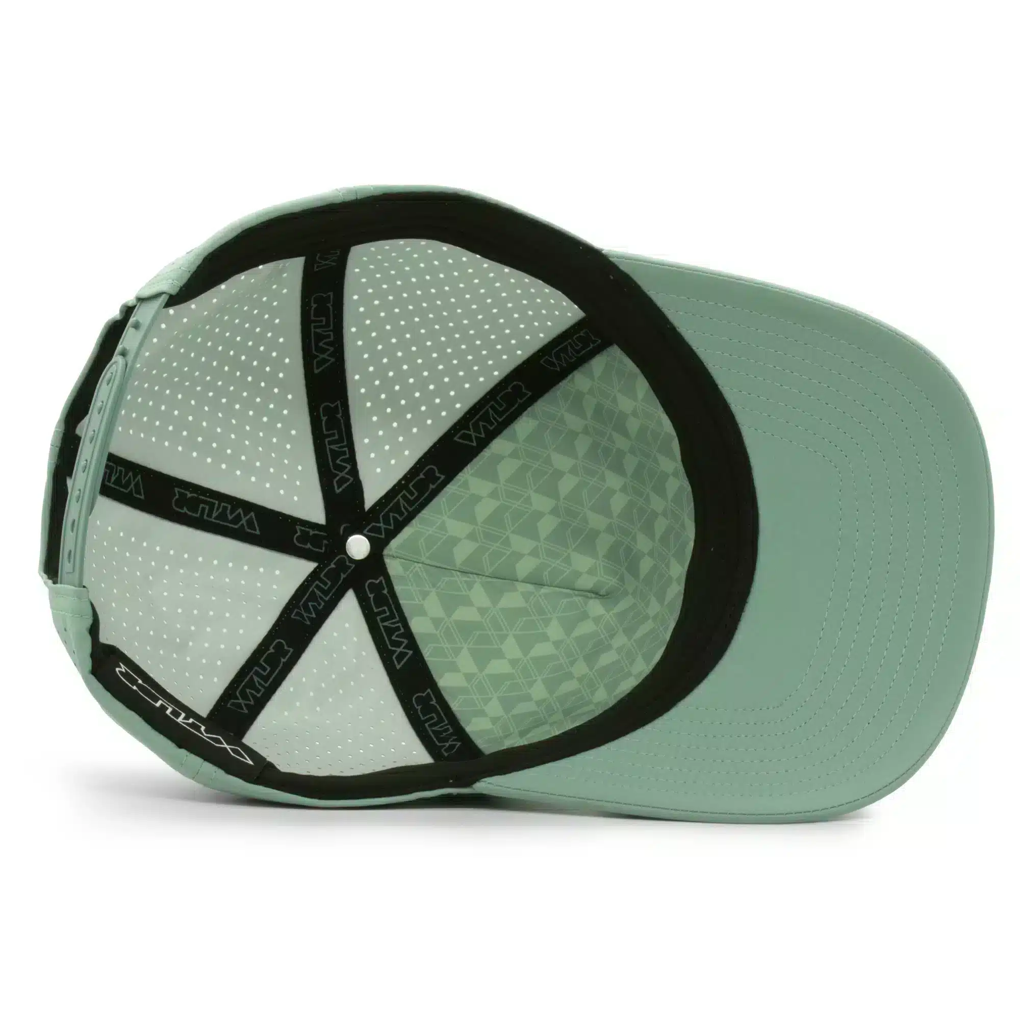 interior view of a water resistant, floatable hat in light green. the lining has the name brand, Wyldr, and there is a two panel fabric lining in a patterned "w" logo